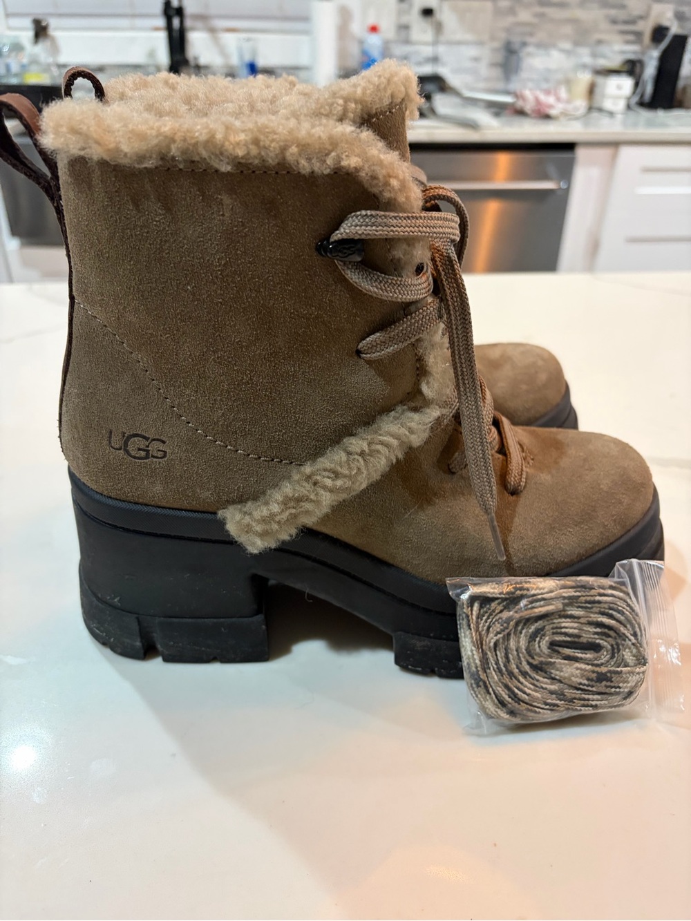 UGG Women’s Tan Suede Shearling-Trim Lace-Up Boots